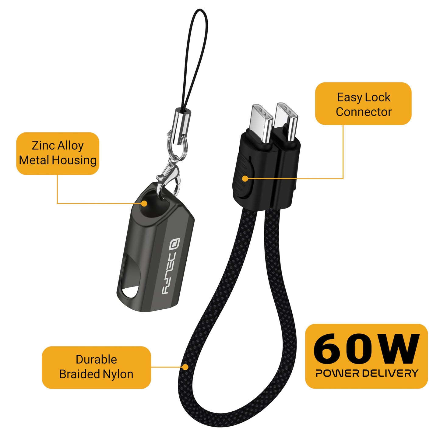 Delfy USB-C to USB-C Keychain Short Cable - 8 Inch Braided Emergency Charger with Zinc Alloy Metal Housing - Compact USB-C Cable for MacBook, iPhone
