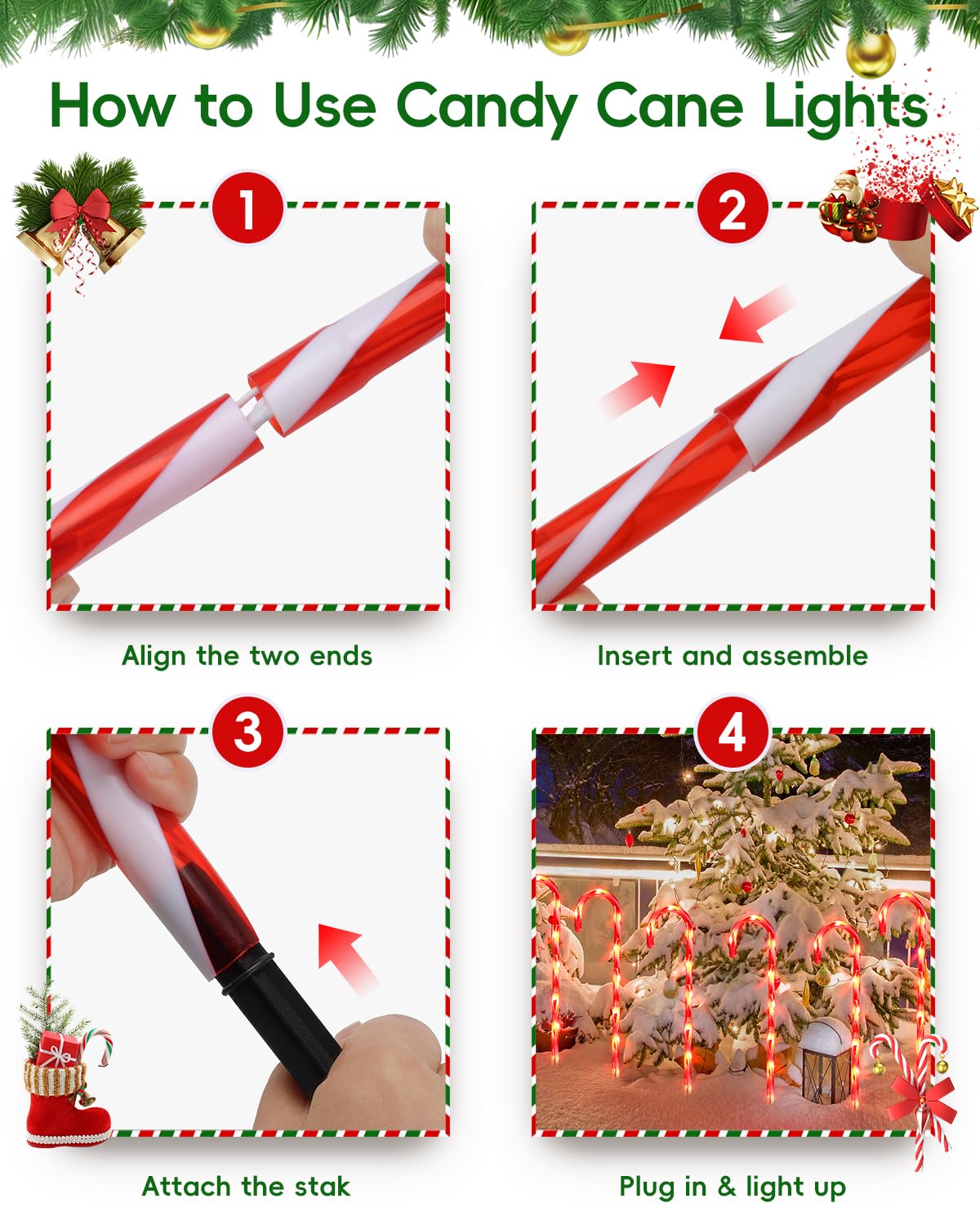 COOLWUFAN 24 Pack Christmas Candy Cane Pathway Lights, 22'' Outdoor Christmas Decorations Path Lights, Waterproof Candy Cane Yard Markers for Walkway