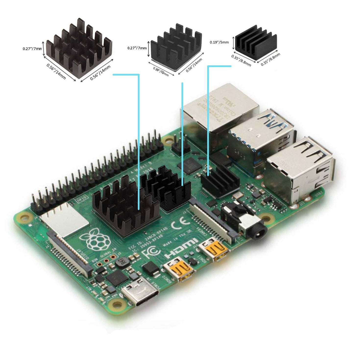 Easycargo Raspberry Pi 4 Heatsink Kit Aluminum + Copper + 3M 8810 Thermal Conductive Adhesive Tape for Cooling Cooler Raspberry Pi 4 B, 3 B+, Pi 3 B