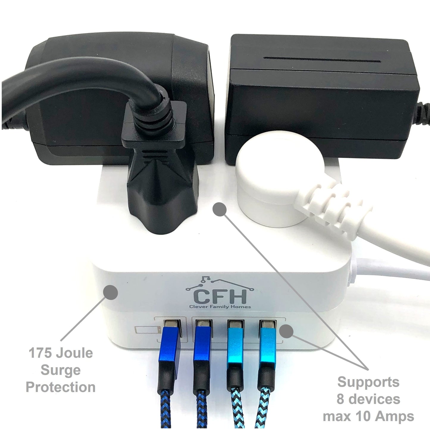 4-Outlet 4-USB Fire Safe Surge Protector with Outlet Saver Power Cord and USB Charge Cables