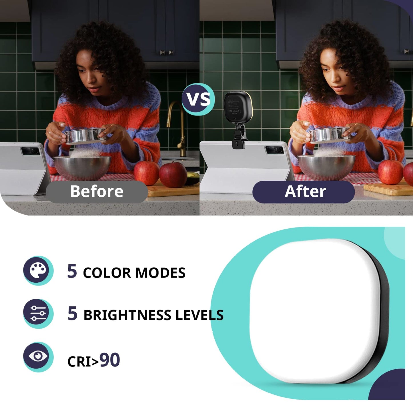 Sensyne Selfie Light, 60 LED Video Conference Lighting, Adjusted 3 Light Modes, Rechargeble Clip-on Fill Light Compatible with Cell Phone,iPad,Laptop