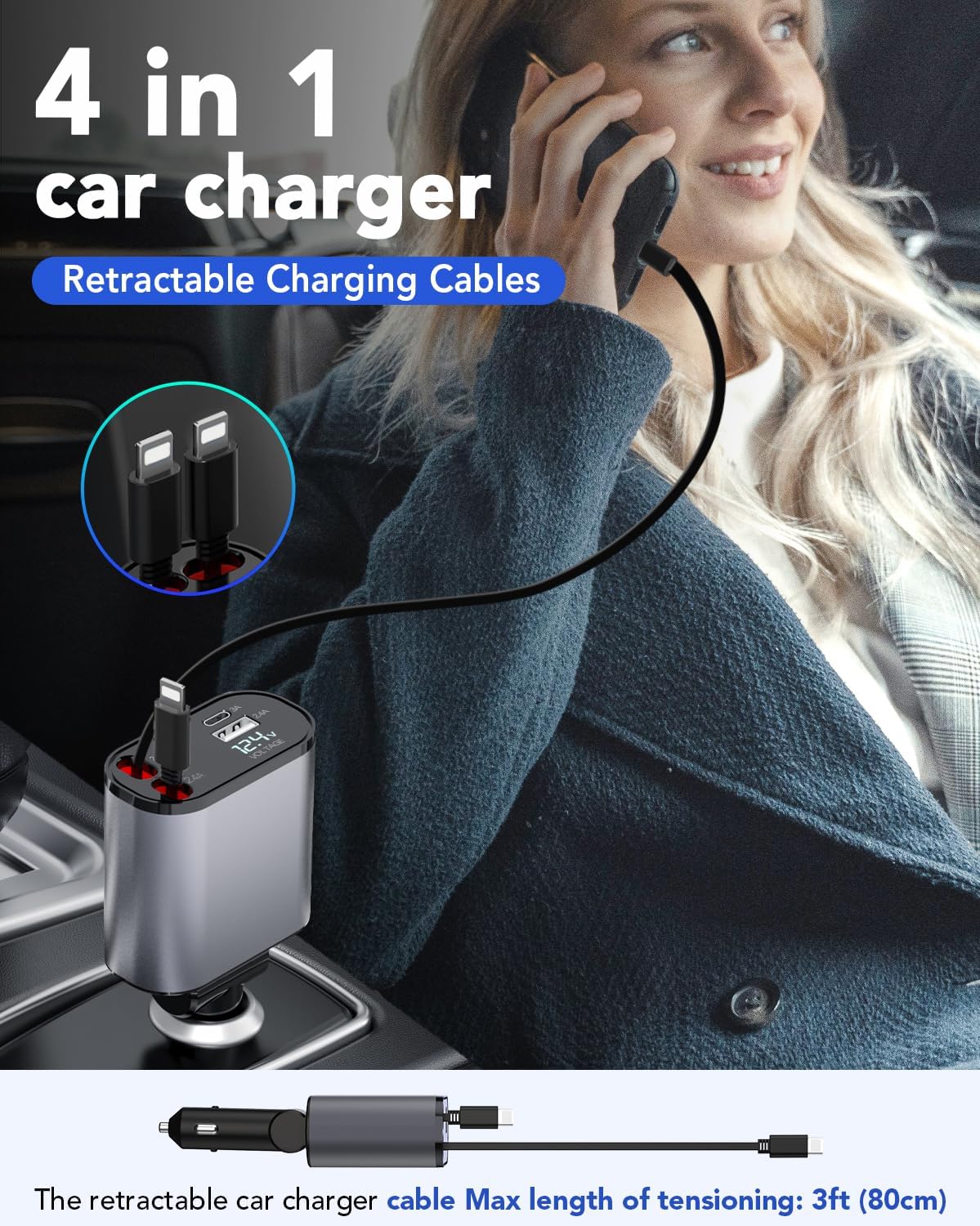 Retractable Car Charger, 4 in 1 Fast Charging 69W, Cigarette Lighter Adapter 2 Retractable iPhone Cables and USB Car Charger,Compatible with iPhone