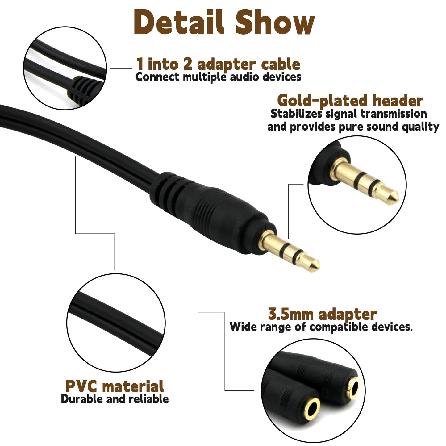ONXE 2-Pack Gold Plated 3.5mm Stereo Jack Splitter Cable Adapter Connectors ,3.5mm Male To 2 X Female - for Connecting External Speakers or Use Both