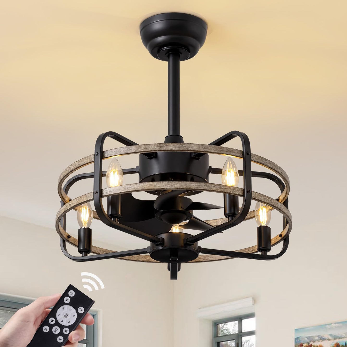 NOXARTE 20 Inch Caged Ceiling Fan with Light and Remote, Flush Mount Vintage Farmhouse Fandelier 6 Speeds Reverse Motor Rustic Bladeless Ceiling Fan