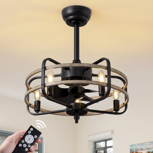 NOXARTE 20 Inch Caged Ceiling Fan with Light and Remote, Flush Mount Vintage Farmhouse Fandelier 6 Speeds Reverse Motor Rustic Bladeless Ceiling Fan