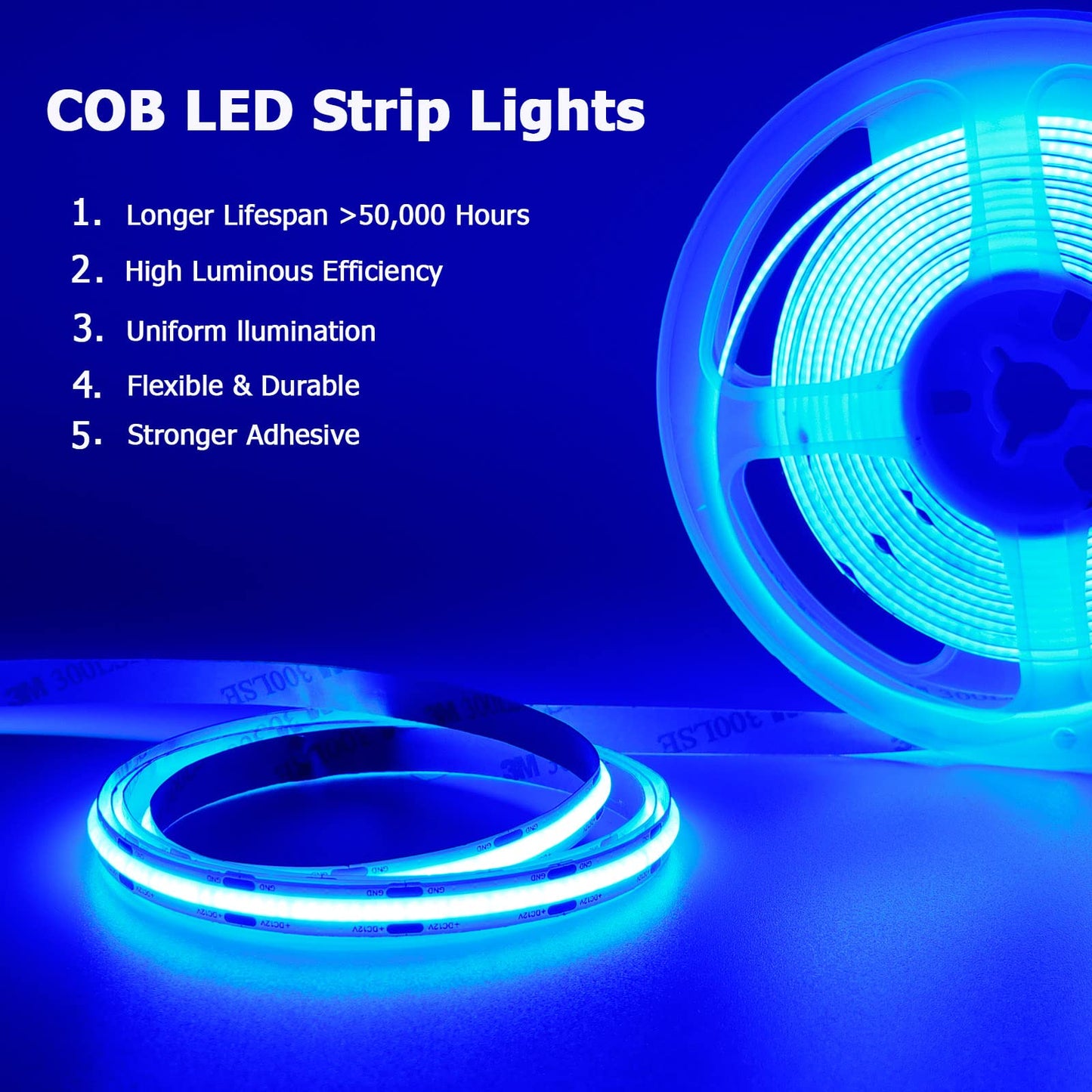 TOPAI 12V COB LED Strip Light Blue Waterproof IP65 16.4ft/5M 480LEDs/M Dotless High Density Self Adhesive Cuttable Flexibl LED Tape Light for Cabinet