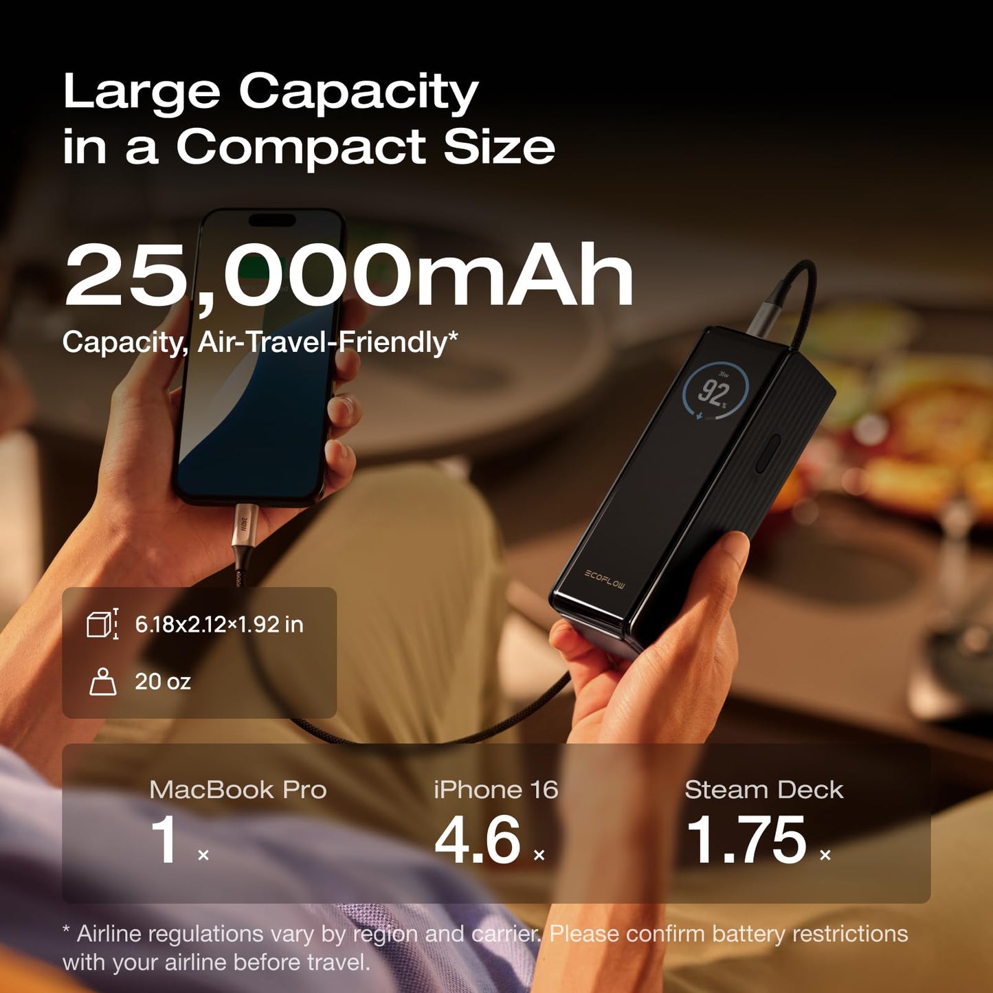 EF ECOFLOW Laptop Power Bank, 25,000mAh 170W Portable Charger with Dual 140W USB-C Ports, Smart Display, Flight-Approved for Travel, Fast Charging
