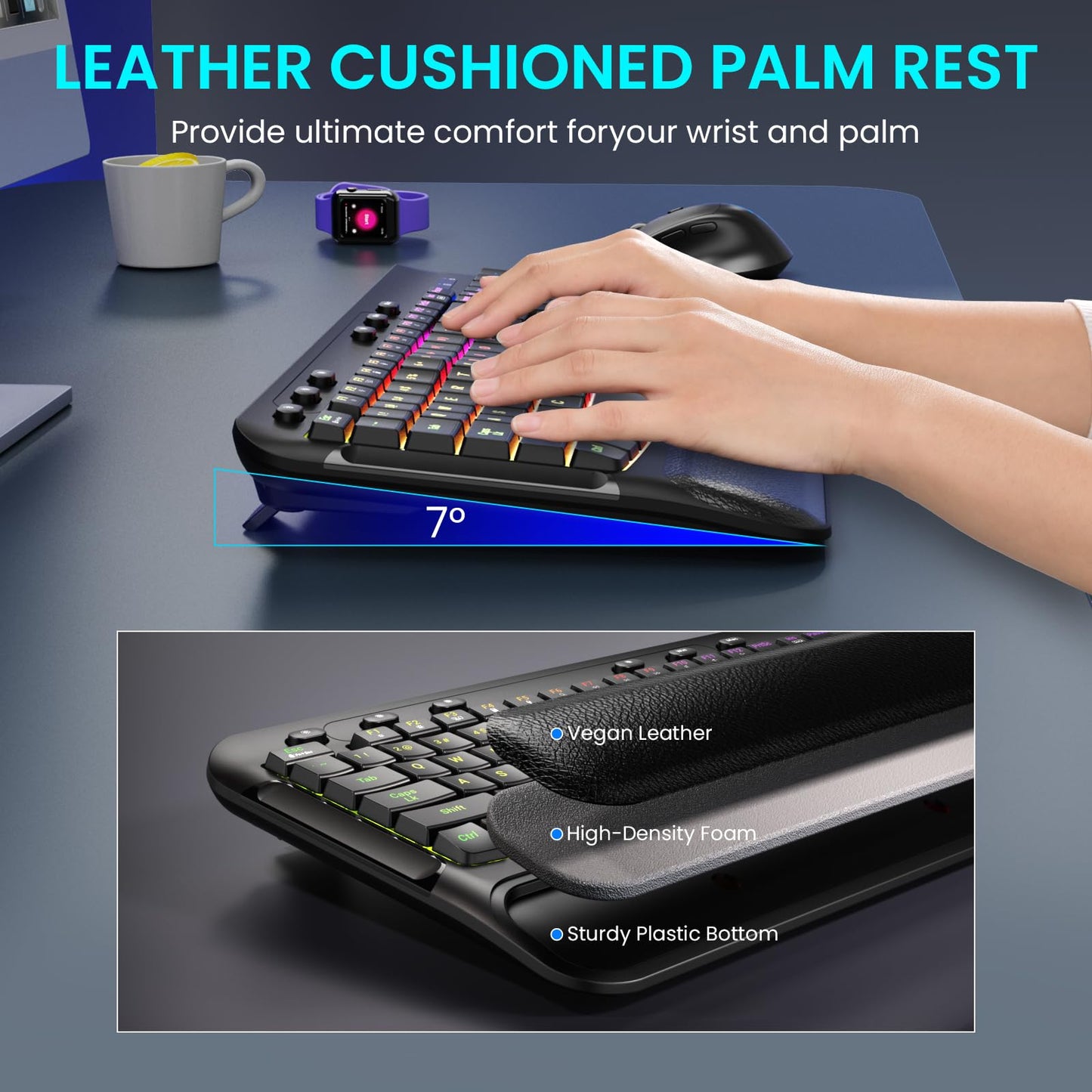 COLIKES Wireless Keyboard and Mouse Combo, Ergonomic Wave, 9 RGB Backlit Effects, Leather Wrist Rest, Rechargeable 2.4G USB Silent Set