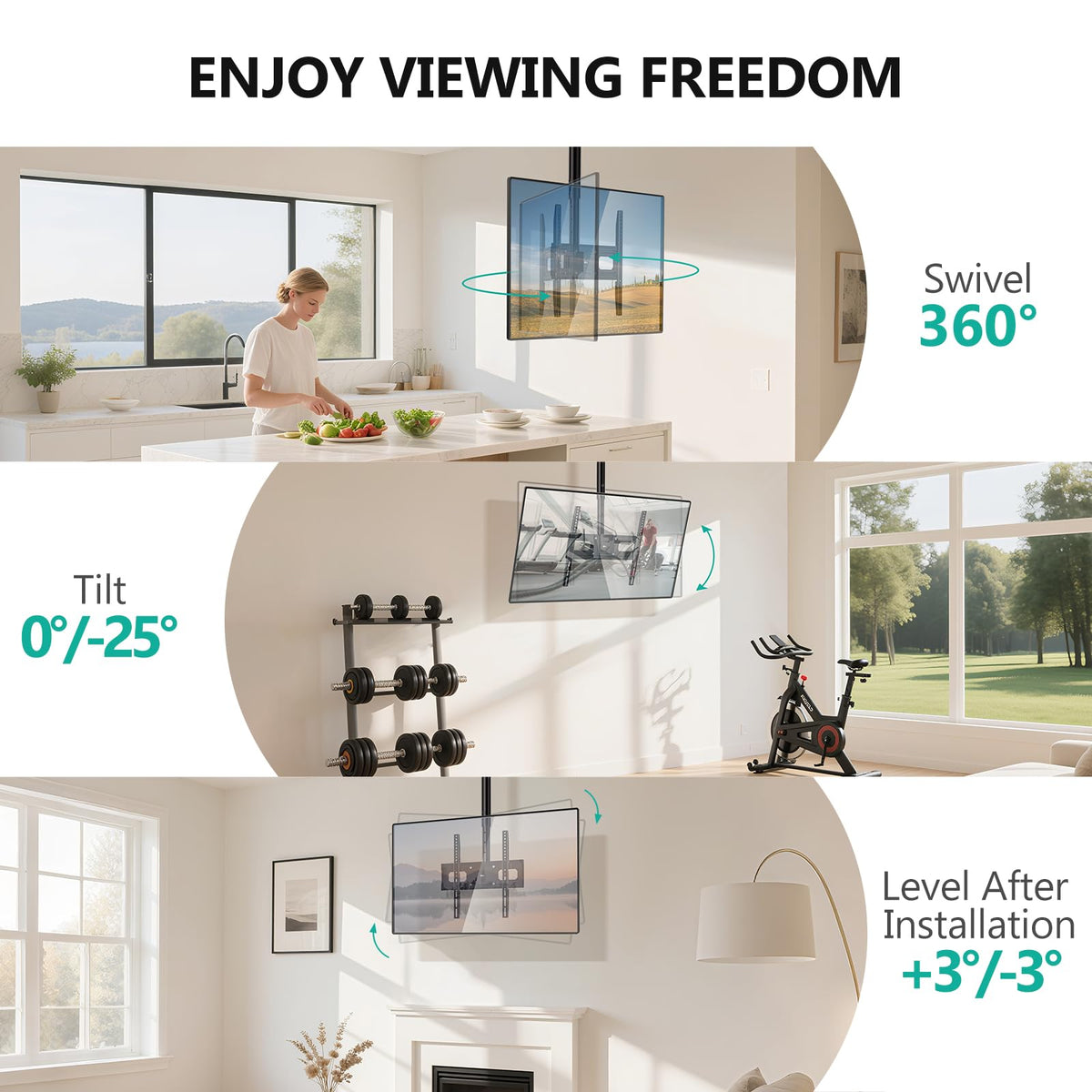 WALI Ceiling TV Mount for Most 26-65 inch LCD LED OLED 4K TVs, up to 99 lbs