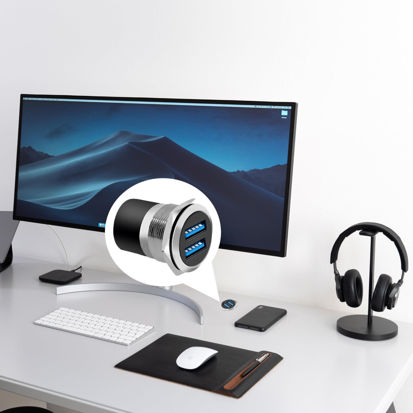 YiKaiEn Dual USB 3.0 Panel Mount Adapter - Threaded Round Connector with Waterproof Dust Cover, 2 Female to 2 Female Ports, 5Gbps for High-Speed Data
