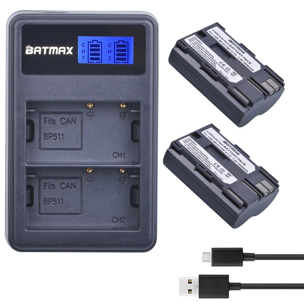 Batmax 2Packs BP-511A BP-511 BP 511 511A Battery + LCD Dual USB Charger for Canon EOS 5D, 10D, 20D, 30D, 40D, 50D, Digital Rebel 1D, D60, 300D, D30