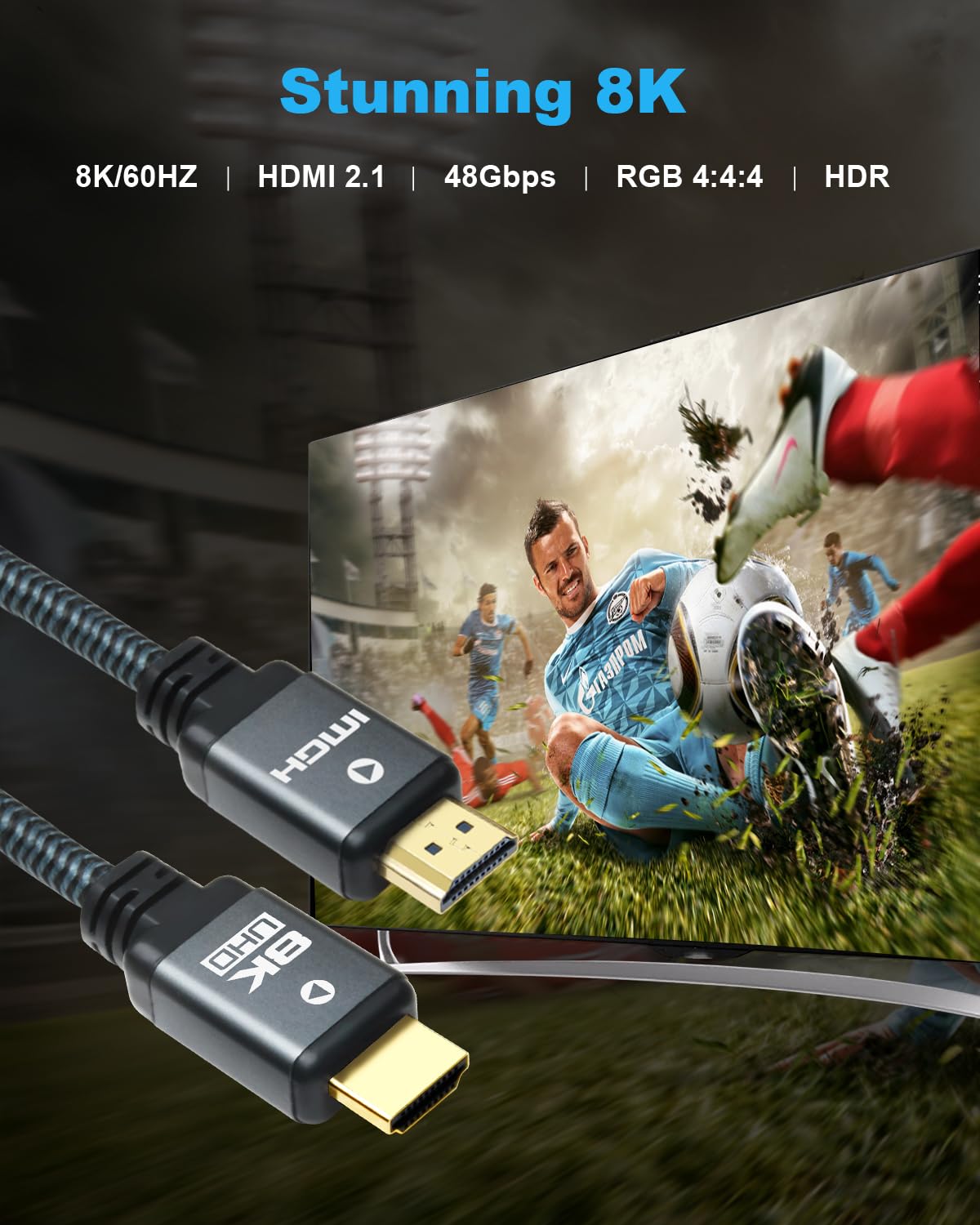 Yauhody 8K HDMI Cable 6.6ft (3 Pack), 48Gbps High Speed HDMI 2.1 Cable Durable Nylon Braided HDMI Cord 3 Pack, Supports 8K 60Hz 4K 120Hz 144Hz 3D
