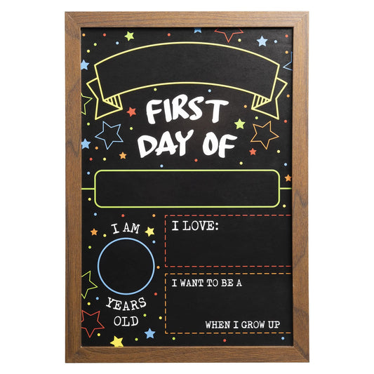 First Day Last Day of School Double Sided Sign with Frame (Reusable Dry Erase Board for Liquid Chalk Markers - 9.17" x 13.27")