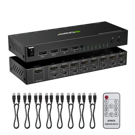 8 Port KVM Switch HDMI 4K@30Hz, USB2.0 HDMI KVM Switch for 8 Computers Share 1 Monitor Keyboard Mouse Printer, Support Hotkey Switch, with Remote
