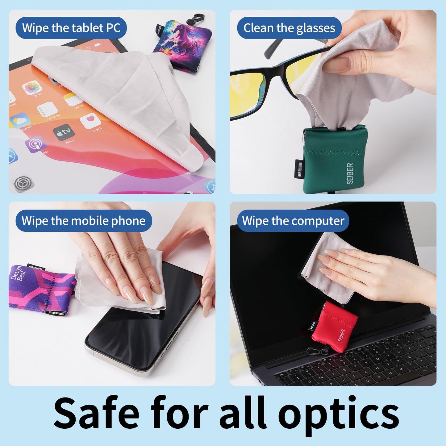 SEIBER Eyeglass Cleaning Microfiber Cloth,7 x 7 inch Glasses Cloth for Sunglasses,Laptops, Cameras,Screen- with Neoprene Pouch,Self-Closing