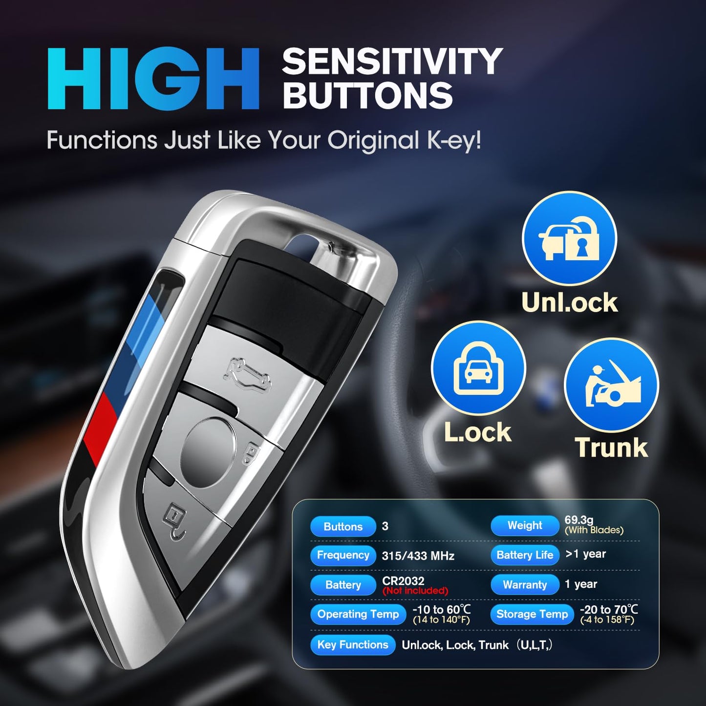 Autel Keyless Entry Remote Key Fob Replacement for BMW, 2026 MaxiIM IKEYBW003AL Programmable Blank Key, 3 Buttons OE-Quality, 130FT Remote, Dual-Band