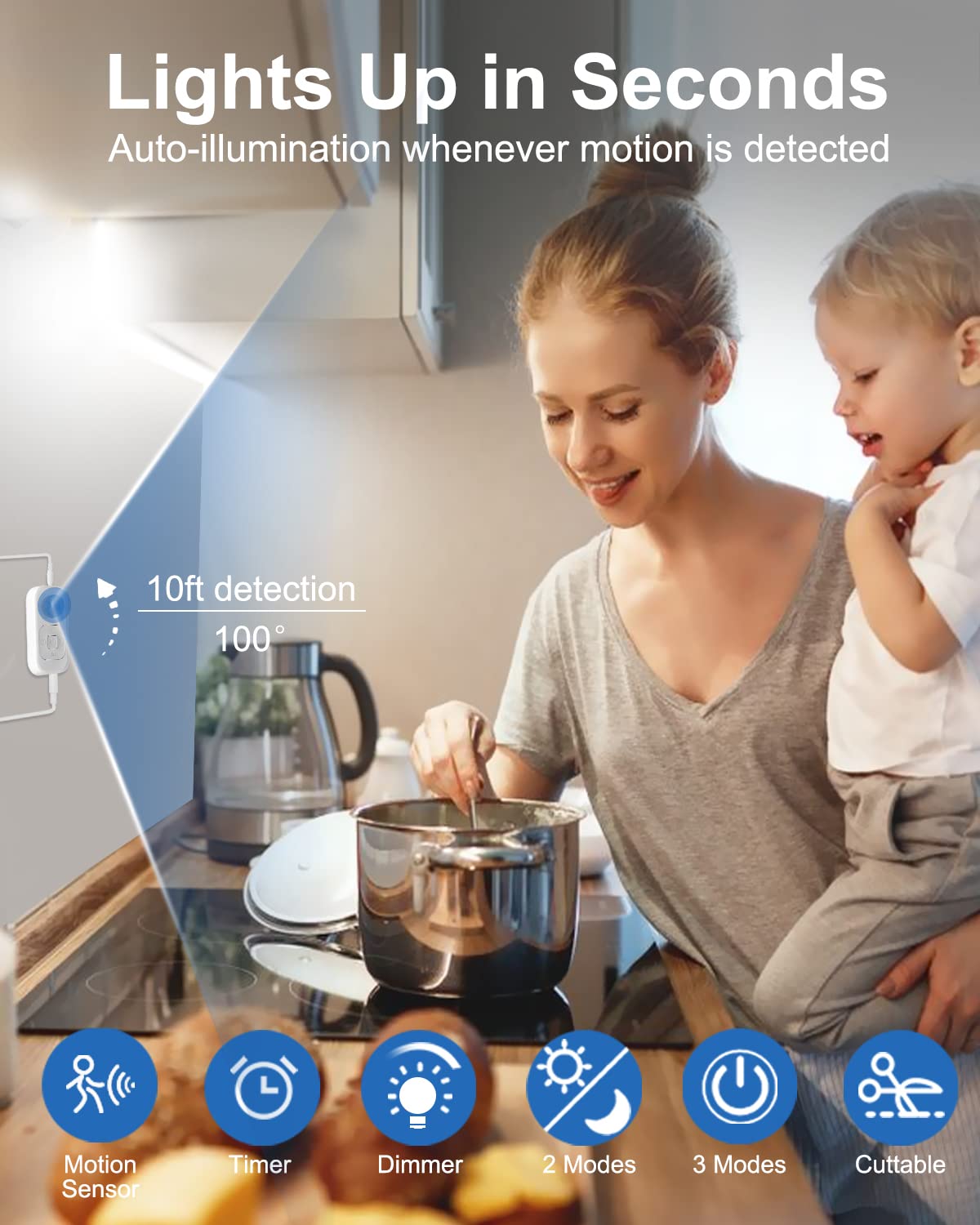 Motion Sensor Led Light Strip - Under Cabinet Lighting with Power Adapter, 6 Adjustable Brightness and Timing, Light Strips for Kitchen Cabinets