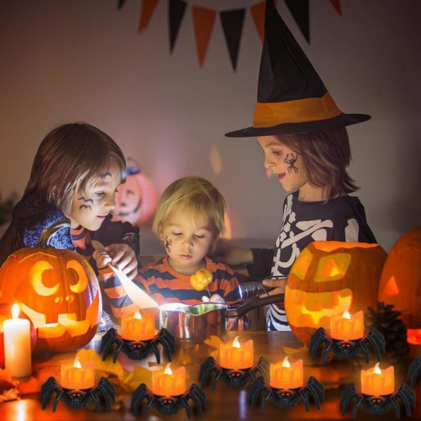 JIAOYUNLILI 6 PCS LED Halloween Lights Indoor, Spider Tea Lights Battery Operated Flameless Candles for Party Table Halloween Decorations