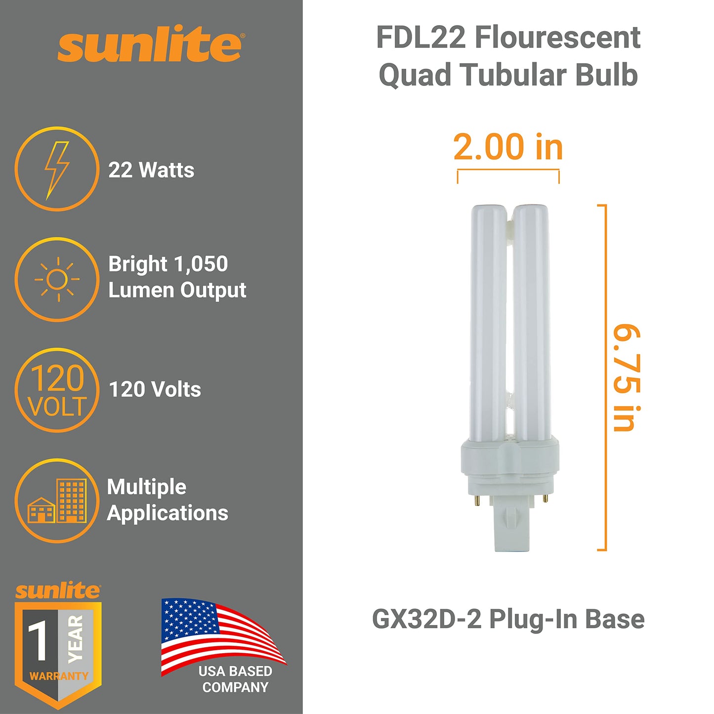 Sunlite FDL22 Fluorescent Quad Tube Plug-in Bulb, 22 Watt, 10,000 Hour Life Span, GX32D-2 Base, 1050 Lumens, for Fluorescent Ceiling Fixtures, 5000K