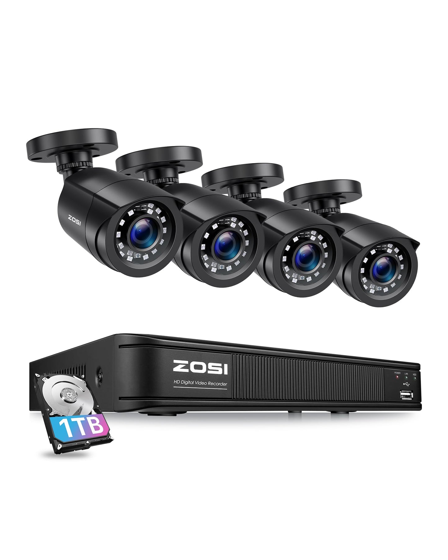 ZOSI 1080P Home Security Camera System, H.265+ 8CH 5MP Lite CCTV DVR Recorder with 1TB HDD and 4 x 1080P Weatherproof Surveillance Bullet Camera