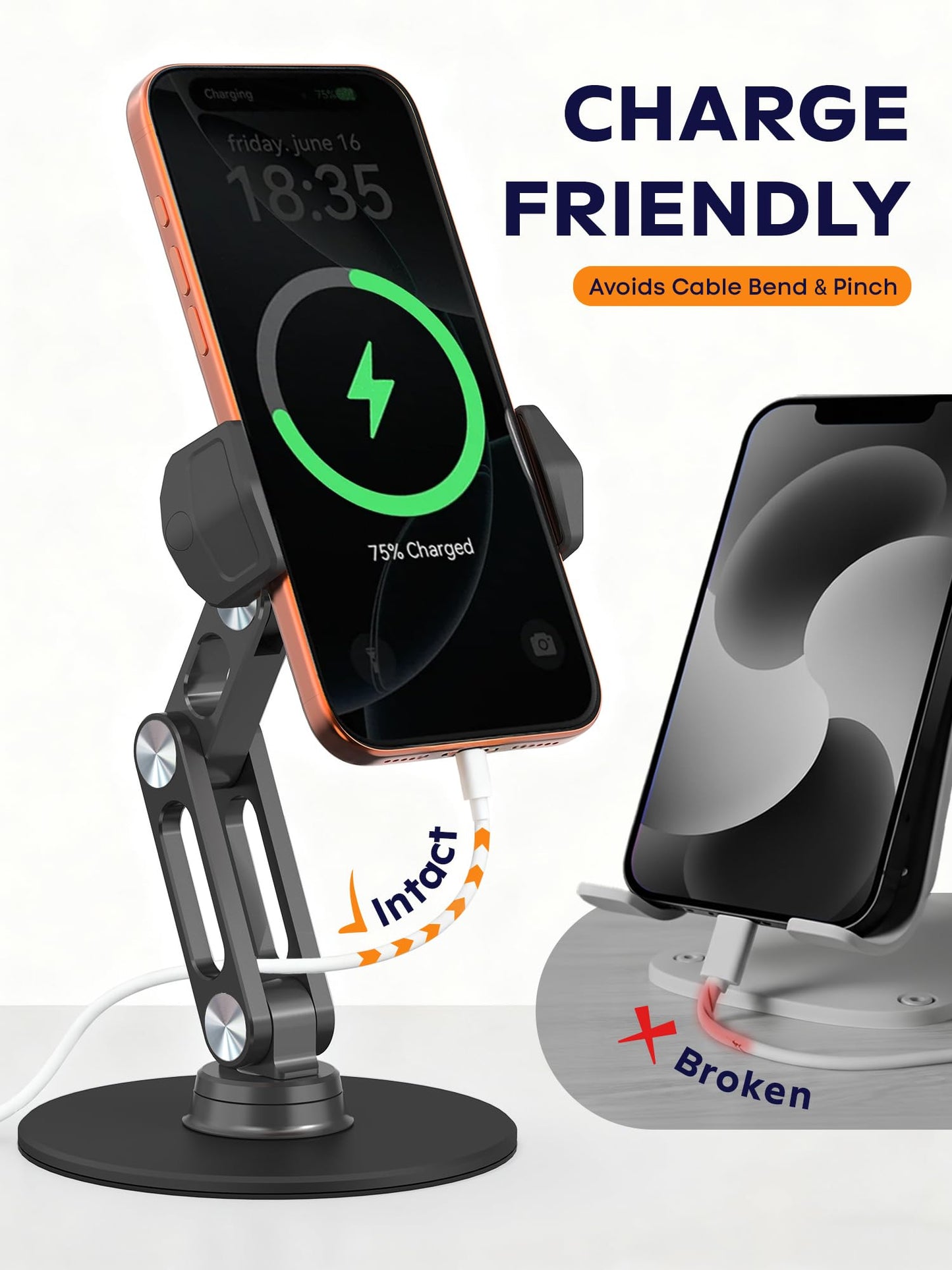 QooWare Phone Stand for Desk - Adjustable Height and Angle Foldable Cell Phone Stand Holder, No Dropping Stable Triple-Clamp Holder, Adjustable