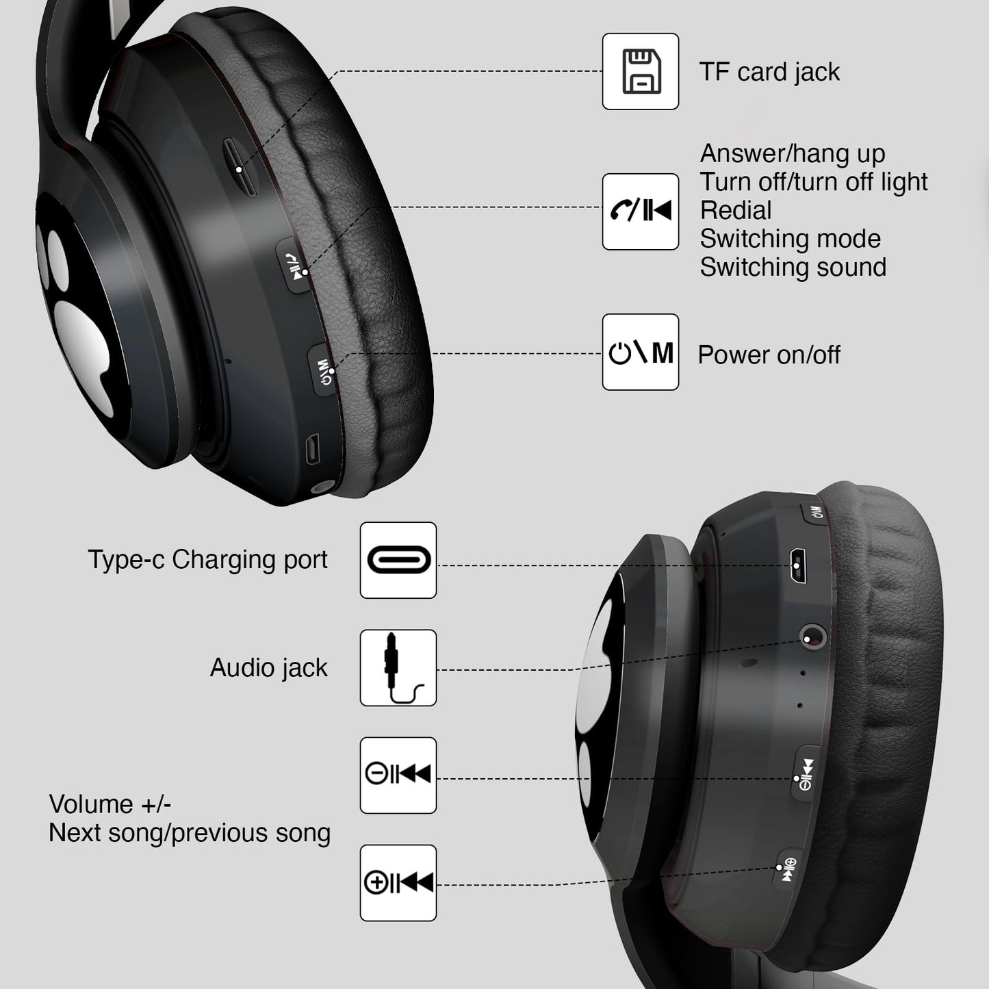 KERHAND Bluetooth Noise Cancelling Headphones for Kids,Foldable Cat Headphone with LED Light Up Ear,Cat Ear Headphones for Toddler with Microphone/TF