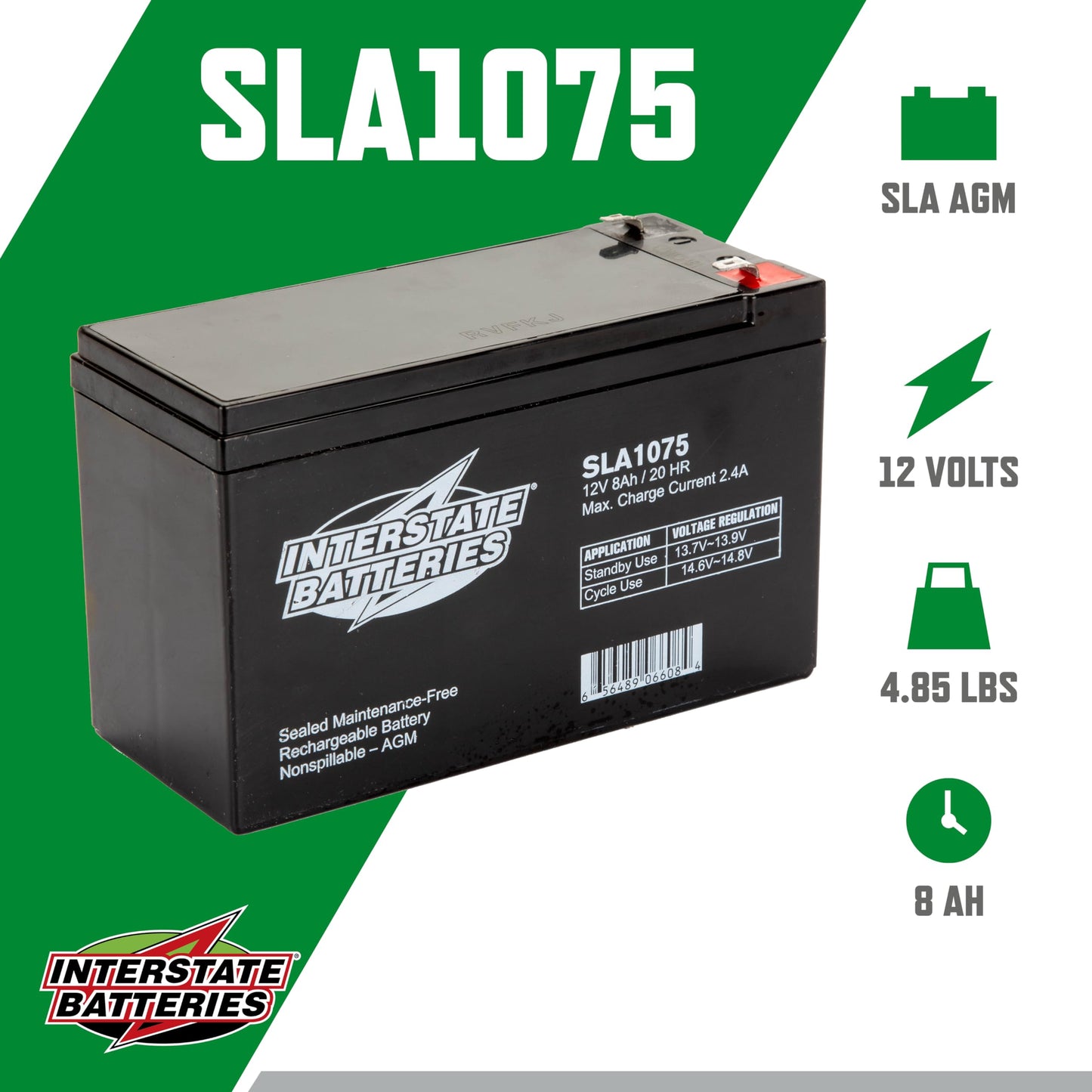 Interstate Batteries 12V 8Ah Battery (SLA1075) Sealed Lead Acid Rechargeable SLA AGM (F1 Terminal) Wireless Internet UPS Systems, FIOS, SP12-7