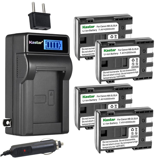 Kastar 4-Pack NB-2L Battery and LCD AC Charger Compatible with Canon NB-2L NB-2LH, NB-2L12 NB-2L14 NB-2L24, BP-2L5, BP-2LH Battery, Canon CB-2LW
