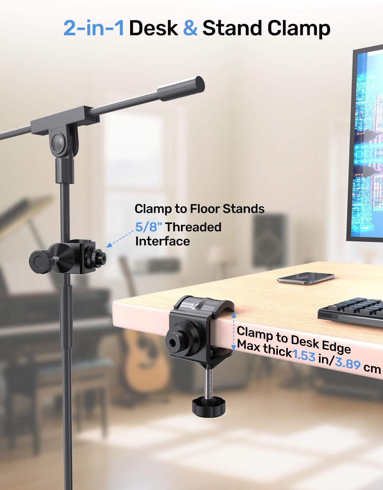 Kubeisi Desk Metal Mic Clamp, Microphone Pole Clamp for Mic Arm Desk Stand & Gooseneck Microphone Stand, Streaming Accessories with 5/8" Threaded