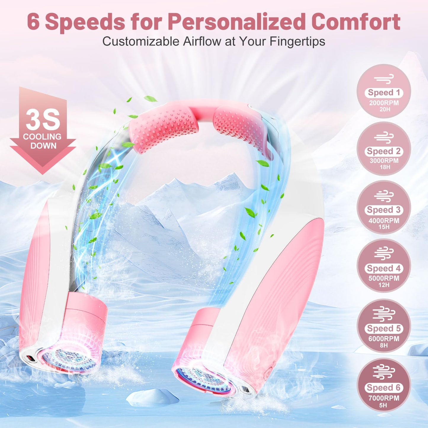 Portable Neck Fan with 6 Powerful Speeds, 8000mAh Battery Rechargeable Fan