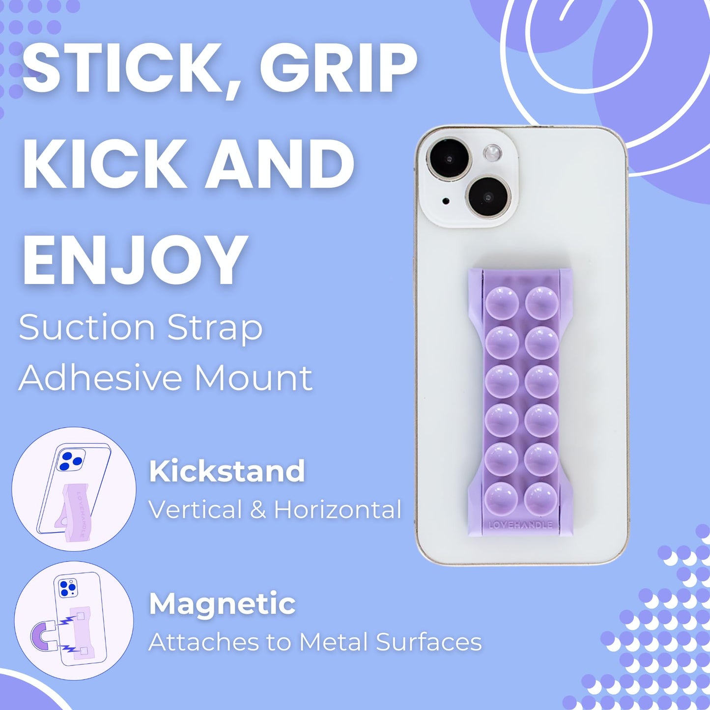 LOVEHANDLE PRO Premium Phone Grip - Suction Strap - Strong Grip Holder - Hands Free - Magnetic Phone Mount and Kickstand for Smartphone and Tablet