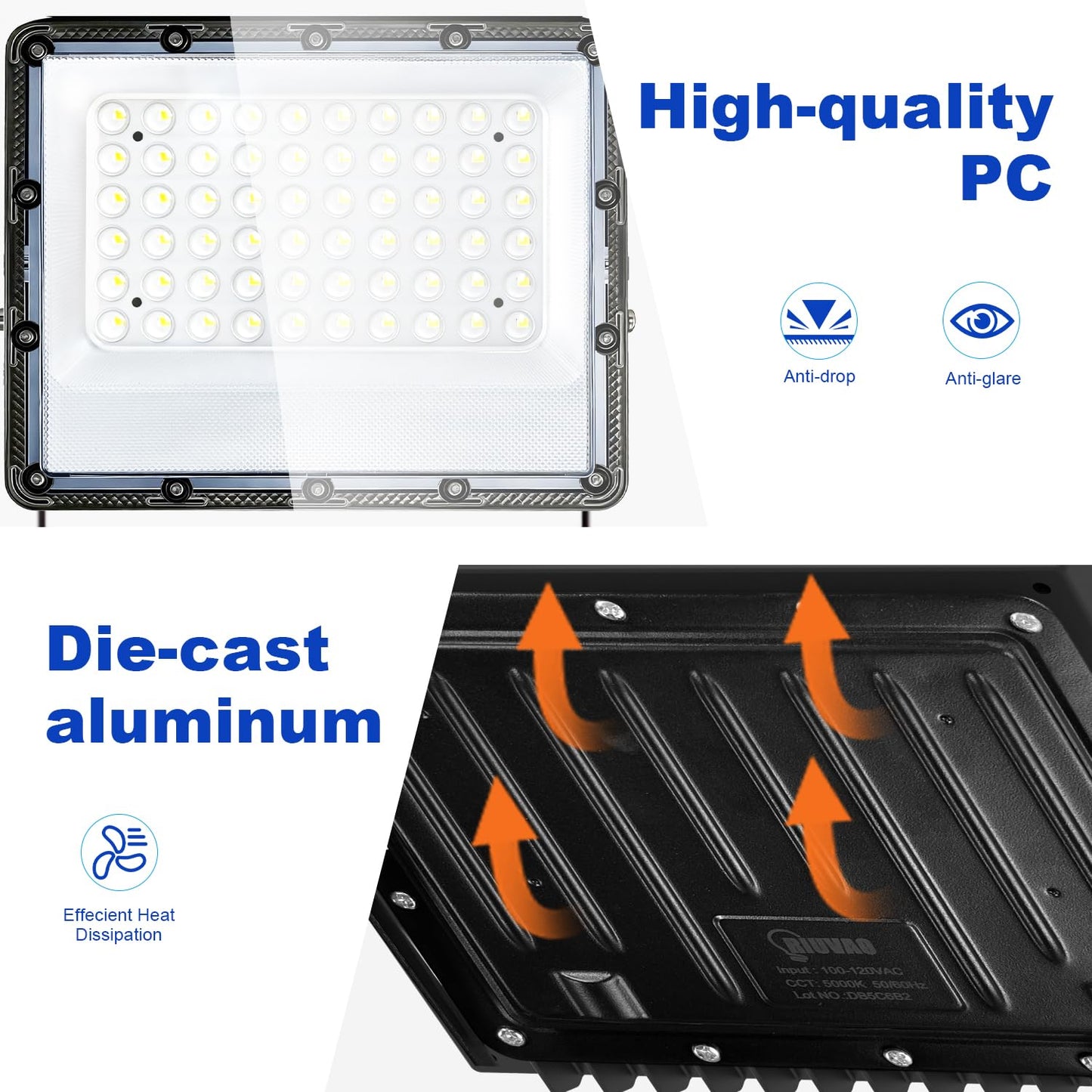 100W Flood Lights Outdoor, 15000lm Bright LED Work Light with Plug, 5000K Daylight White Outdoor Lights, IP65 Waterproof Security Lights for Yard