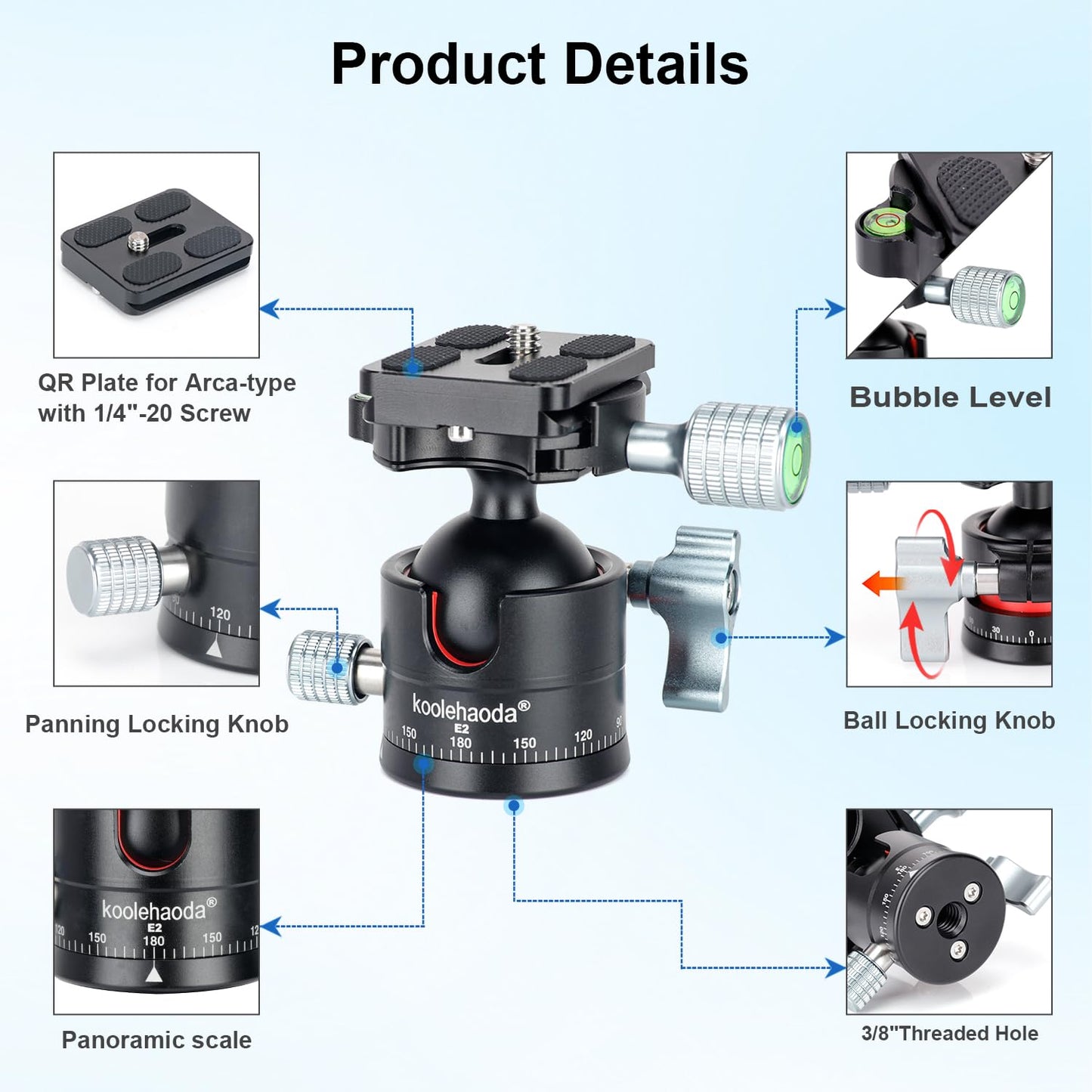 Koolehaoda Tripod Head Low Profile Ball Head, ?36mm Metal Panorama Ball Head with 1/4" Screw Arca Swiss Quick Release Plate for DSLR Camera Tripod