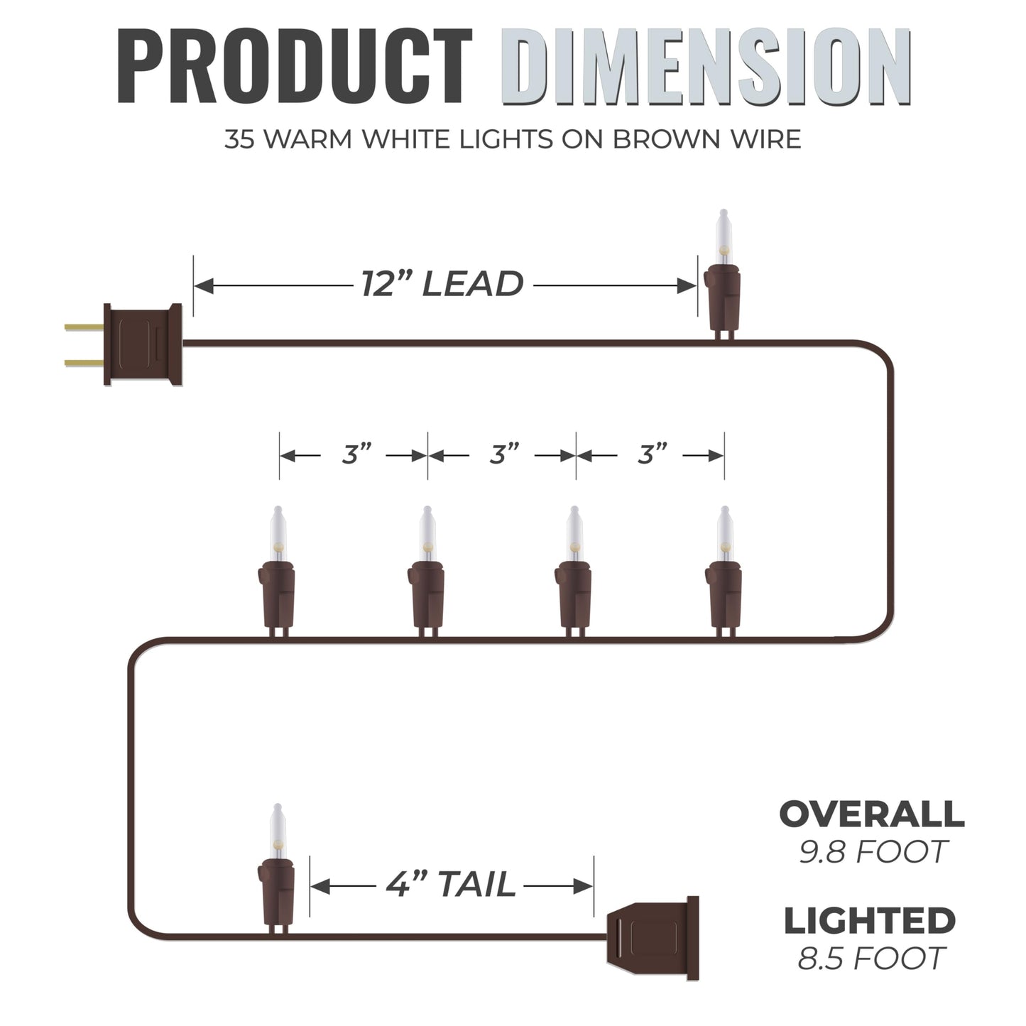 612 Vermont 35 Clear LED Christmas String Lights on Brown Wire Cord, UL Approved, Indoor and Outdoor Use, 8.5 Foot of Lighted Length, 9.8 Foot