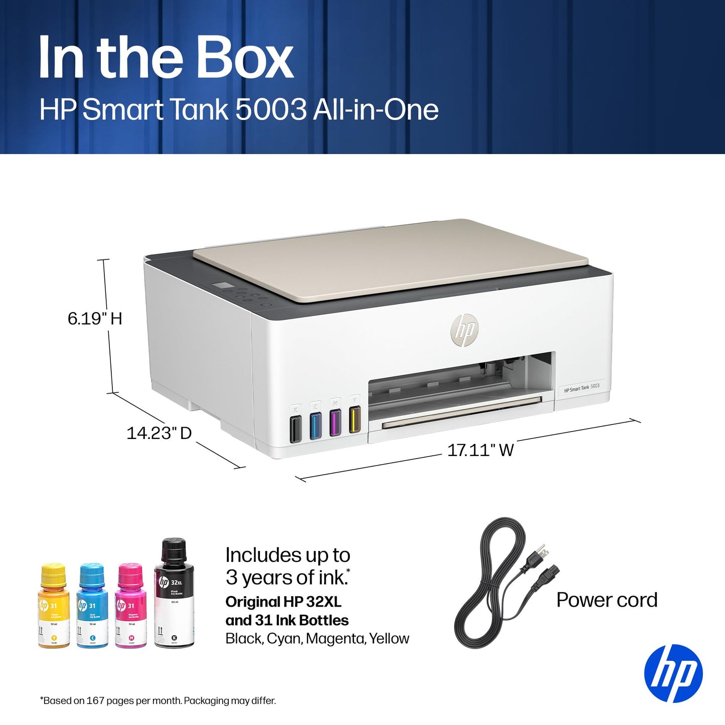 HP Smart Tank 5003 Wireless All-in-One Ink Tank Printer, Scanner, Copier with up to 3 Years of Ink Included, Best-for-Home, Cartridge-Free Refillable