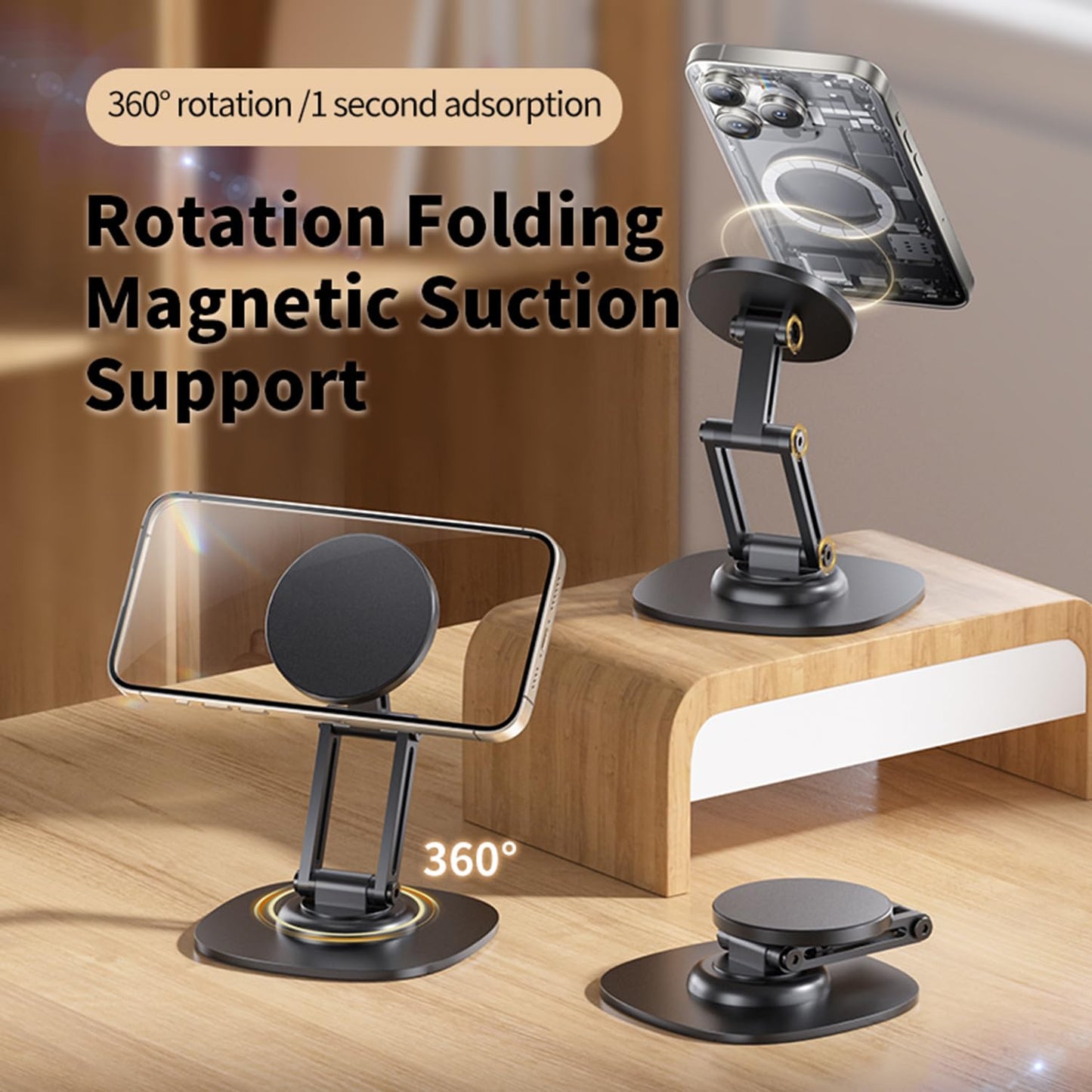 KOBBRAN Magnetic Phone Stand for Desk 360 Rotating Adjustable Foldable Aluminum for MagSafe Cell Phone Stand Holder with Non-Slip Base Desk Stand