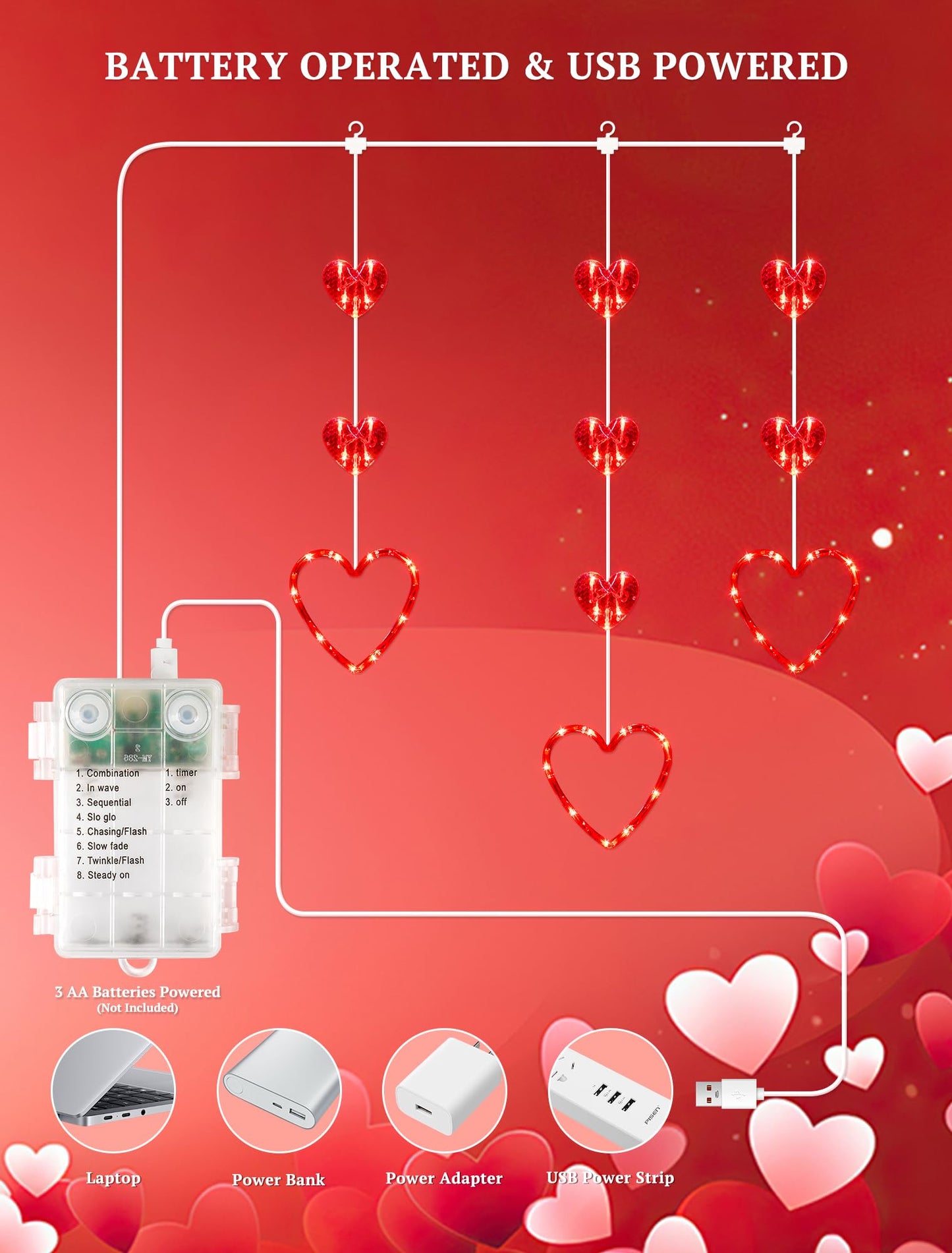 YOUNGAR Valentine's Day Heart Window Lights, 5FT 65LED Battery/USB Powered with Timer, Waterproof with 8 Modes Memory for Home Bedroom Birthday Party