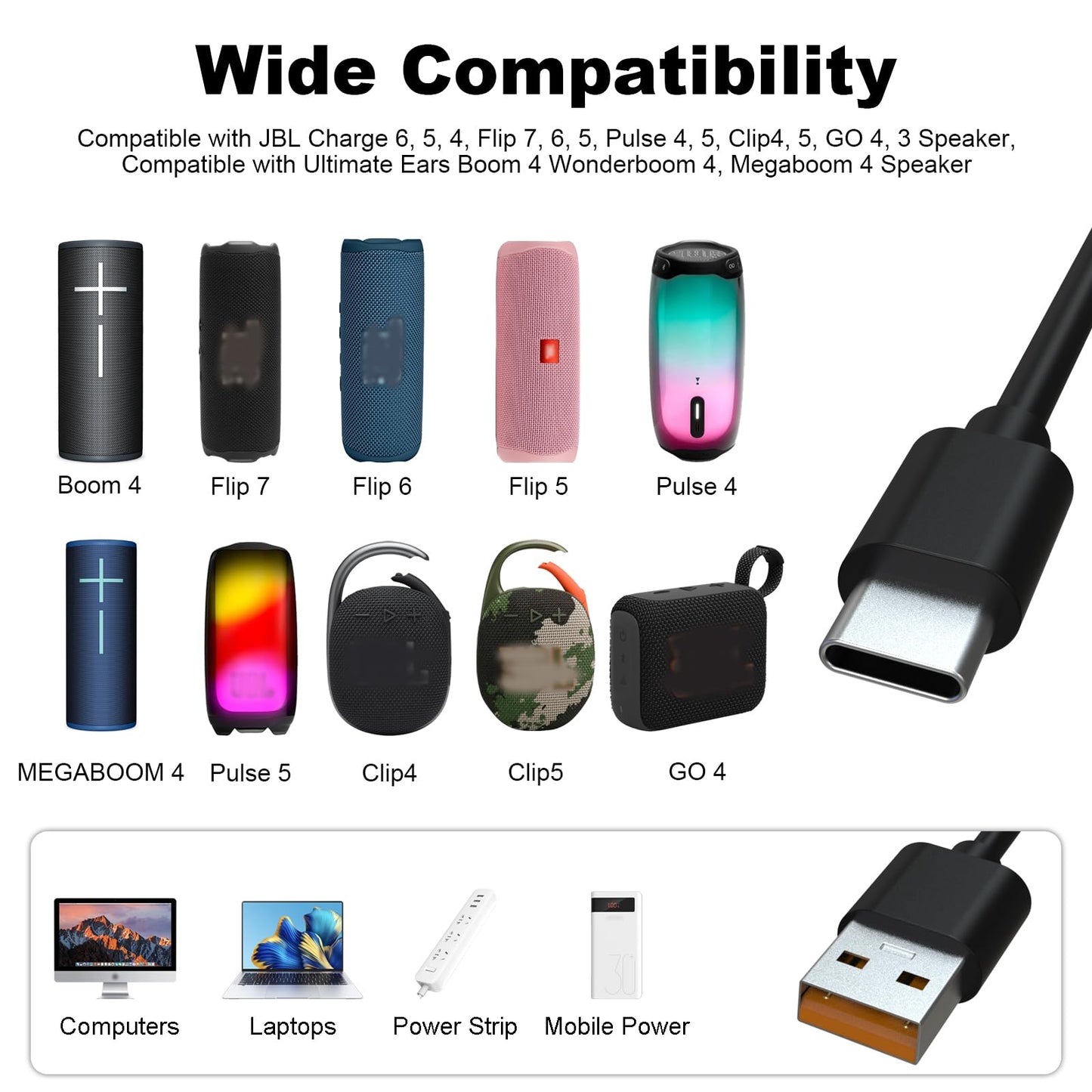 USB Charger Charging Cord for JBL Charge 6, 5, 4, Flip 7, 6, 5, Pulse 4, 5, Clip 4, 5, GO 4, 3 Speaker for JBL Tune 720BT Tune 520BT Tune 510BT Tune