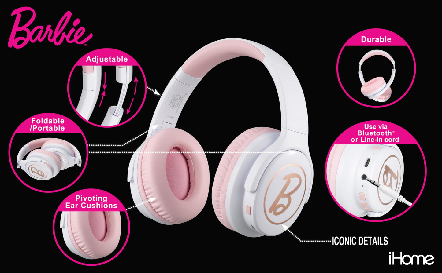 eKids Barbie Wireless Headphones with Microphone, Bluetooth Headphones Include Aux Cord, Earphones for School, Home, or Travel