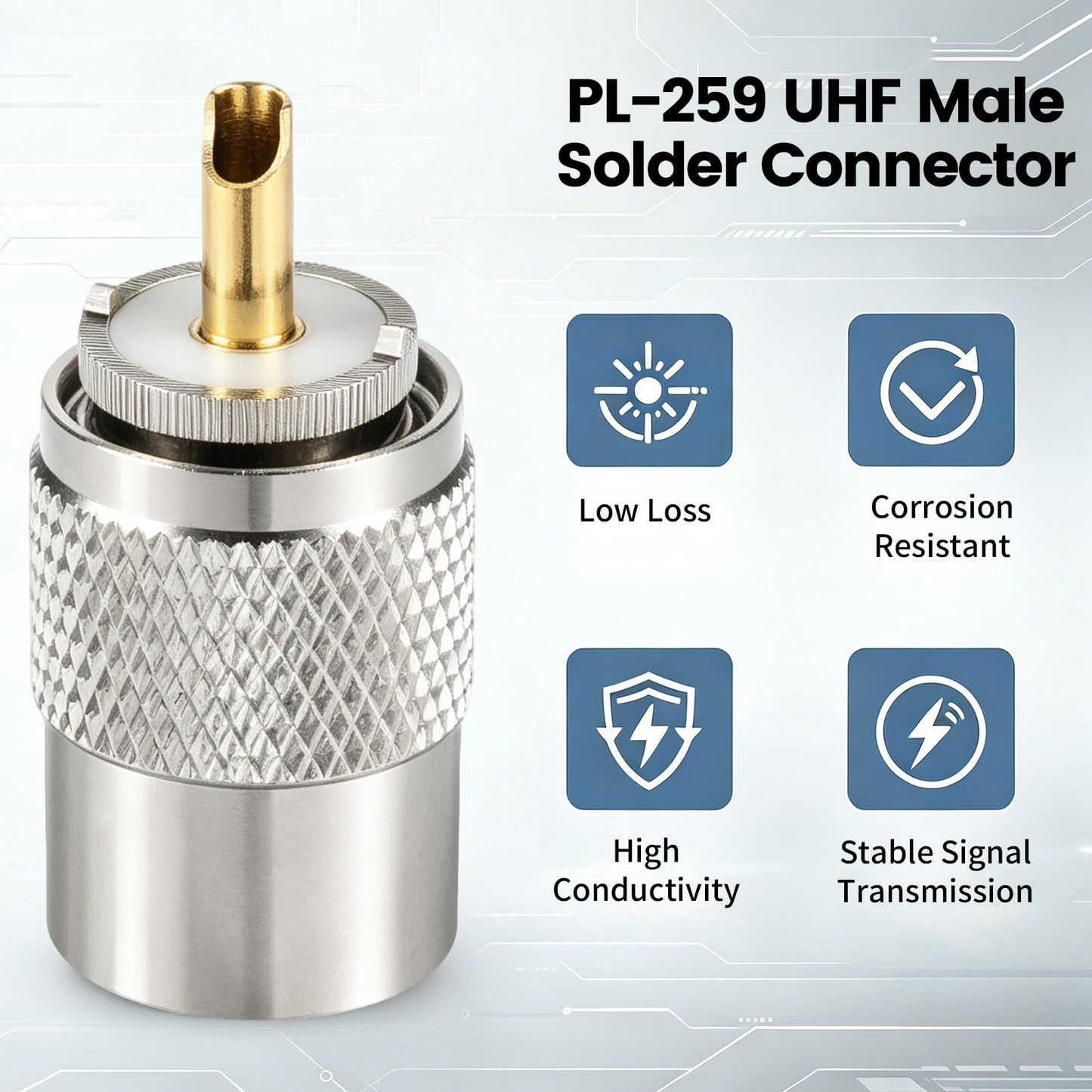 RFAdapter PL 259 Connectors, 2-Pack PL-259 UHF Male Solder Connector Plug with Reducer, Teflon Material 50ohm for RG59, RG8, RG8x, LMR-400, RG-213