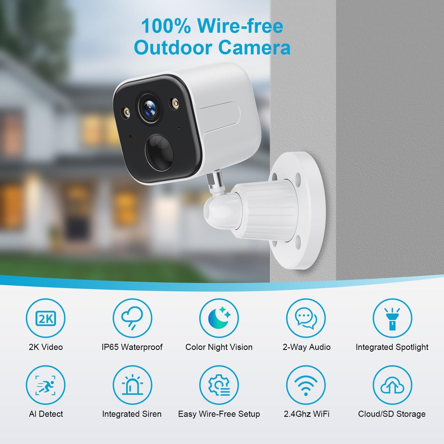 SUJTKZL Security Cameras Wireless Outdoor, Battery Powered WiFi Camera for Home Security, 2K Color Night Vision, AI Motion Detection, IP65 Waterproof