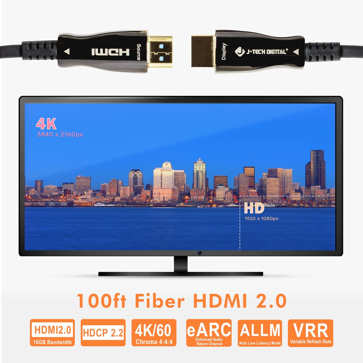 J-Tech Digital Fiber Optic HDMI Cable HDMI 2.0 Ultra Slim Cable Supporting HDCP 2.2, 18Gbps, 4:4:4, HDR10, 100 ft (30 m) [JTECH-FCAB100]
