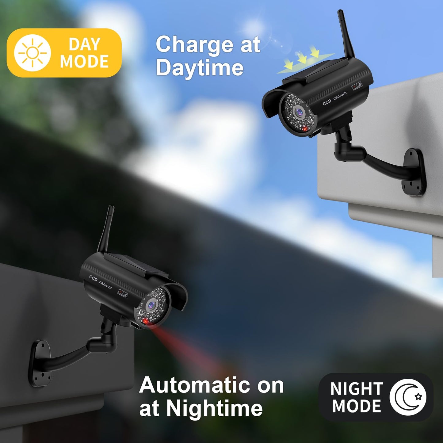 WALI Dummy Fake Camera, Solar Powered Fake Security Camera with LED Light, Simulated Surveillance Security CCTV Dome Cameras with Antenna and Warning