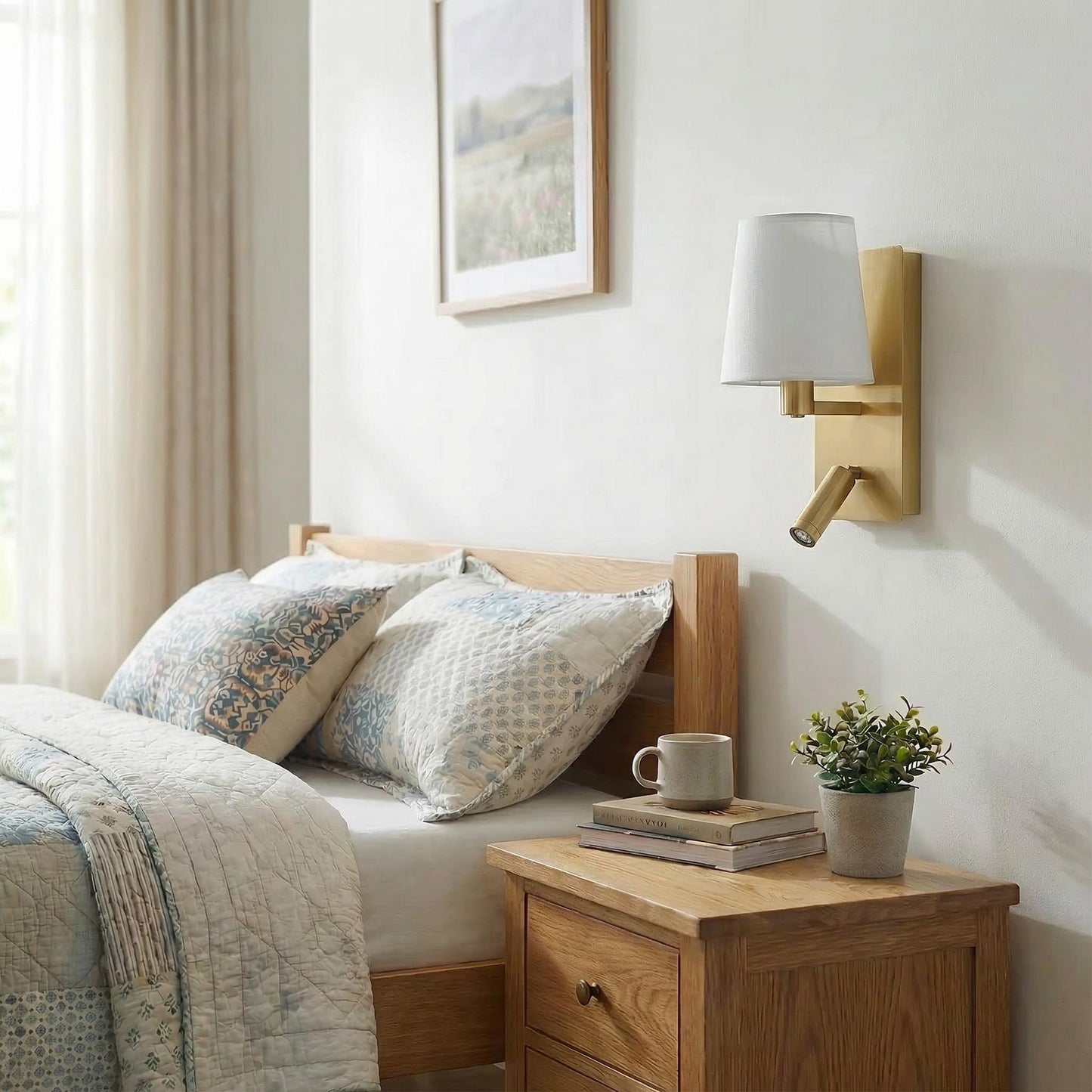 Lucande 12.1" Wall Sconce with Shade & Reading Light, White Fabric Wall Lamp for Bedroom, Gold Bedside Wall Light with LED Reading Light 3000K 205 lm