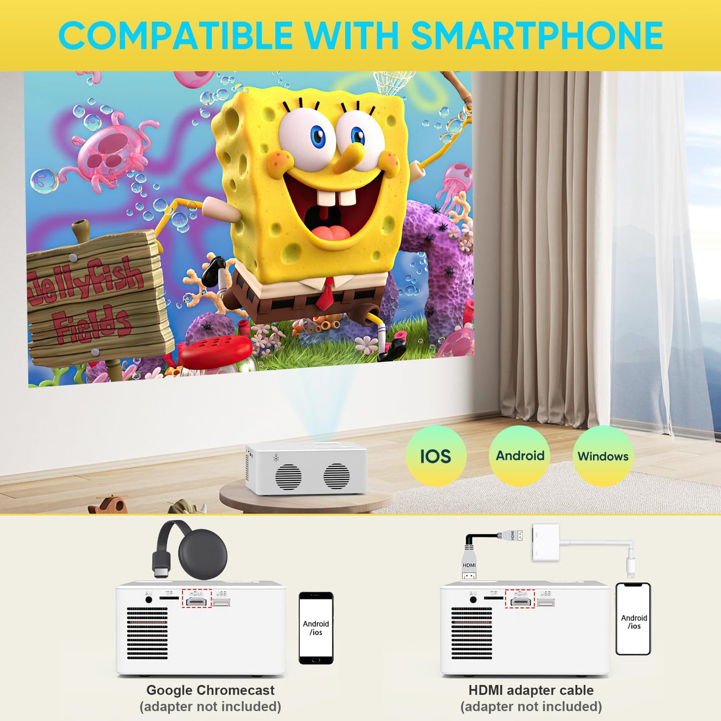 PURSHE Mini Bluetooth Projector, Full HD 1080P Supported Portable Outdoor Movie Projector for iOS, Android, Windows, Compatible with TV