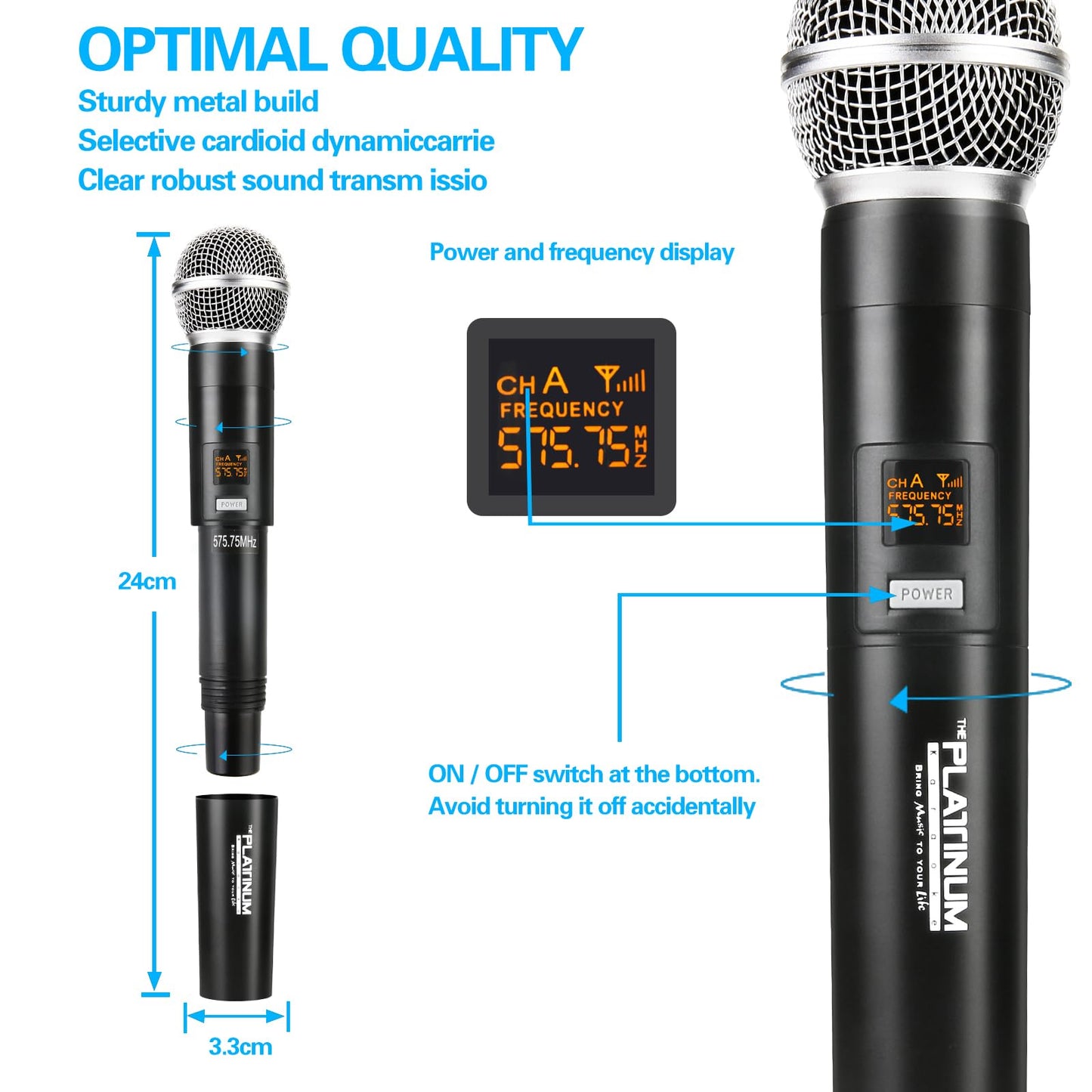 The Platinum UHF Wireless Microphone System, 200FT UHF Range Metal Professional Dual Channel Handheld Dynamic Mic System with Professional Karaoke