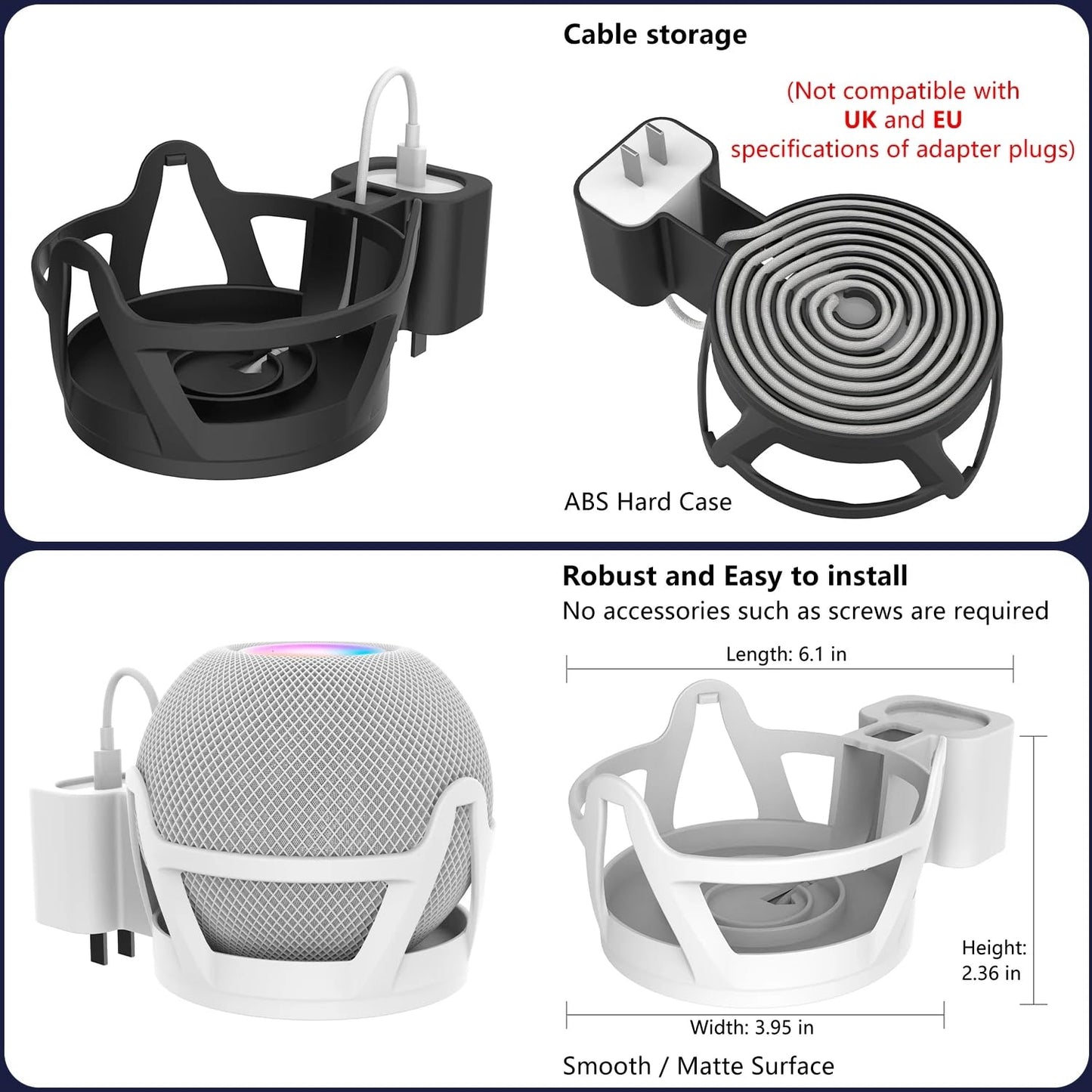 Wall Mount Stand for HomePod Mini Smart Speaker Outlet Holder with Cable Storage Quality ABS Hard Case Socket Space Saving Indoor Kitchen Bathroom
