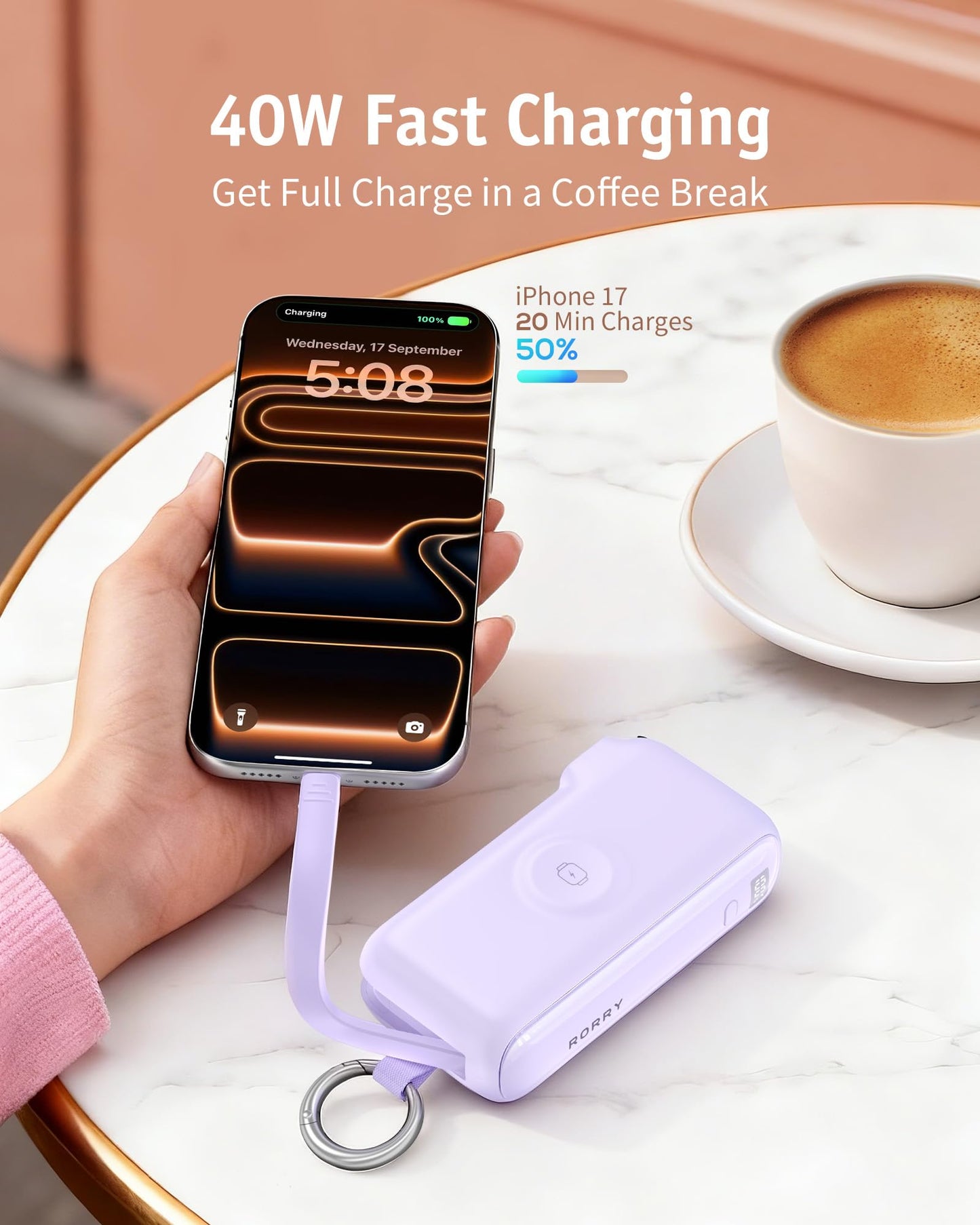 RORRY Flow Portable Charger 10000mAh 40W Wall Plug Power Bank Battery Pack