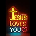 Jesus Loves You Neon Sign with Cross and Heart - LED Light Up Wall Decor for Home, Church, Wedding, Youth Room, Party Decorations