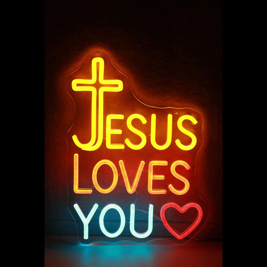 Jesus Loves You Neon Sign with Cross and Heart - LED Light Up Wall Decor for Home, Church, Wedding, Youth Room, Party Decorations